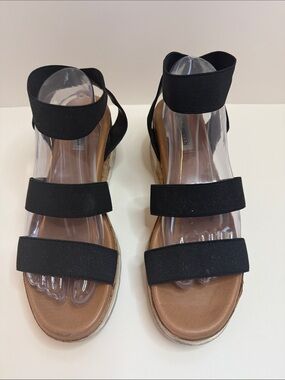 Steve Madden Black Elastic Strap Cork Wedge Sandal Sz 10 Platform Comfort Summer